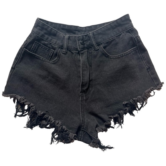 Very Cheeky High Waisted Black Denim Cutoff Shorts w/ Flame Embroidered Pockets - Picture 3 of 3